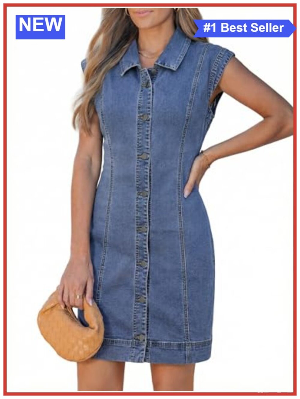 Stretchy Button Down Denim Dress Collared Cap Sleeve Mini Jean Dress